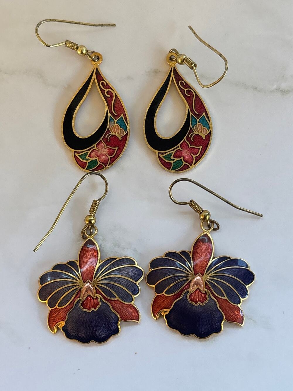 VINTAGE 2 PAIRS Cloisonné Enamel Floral Dangle Earrings